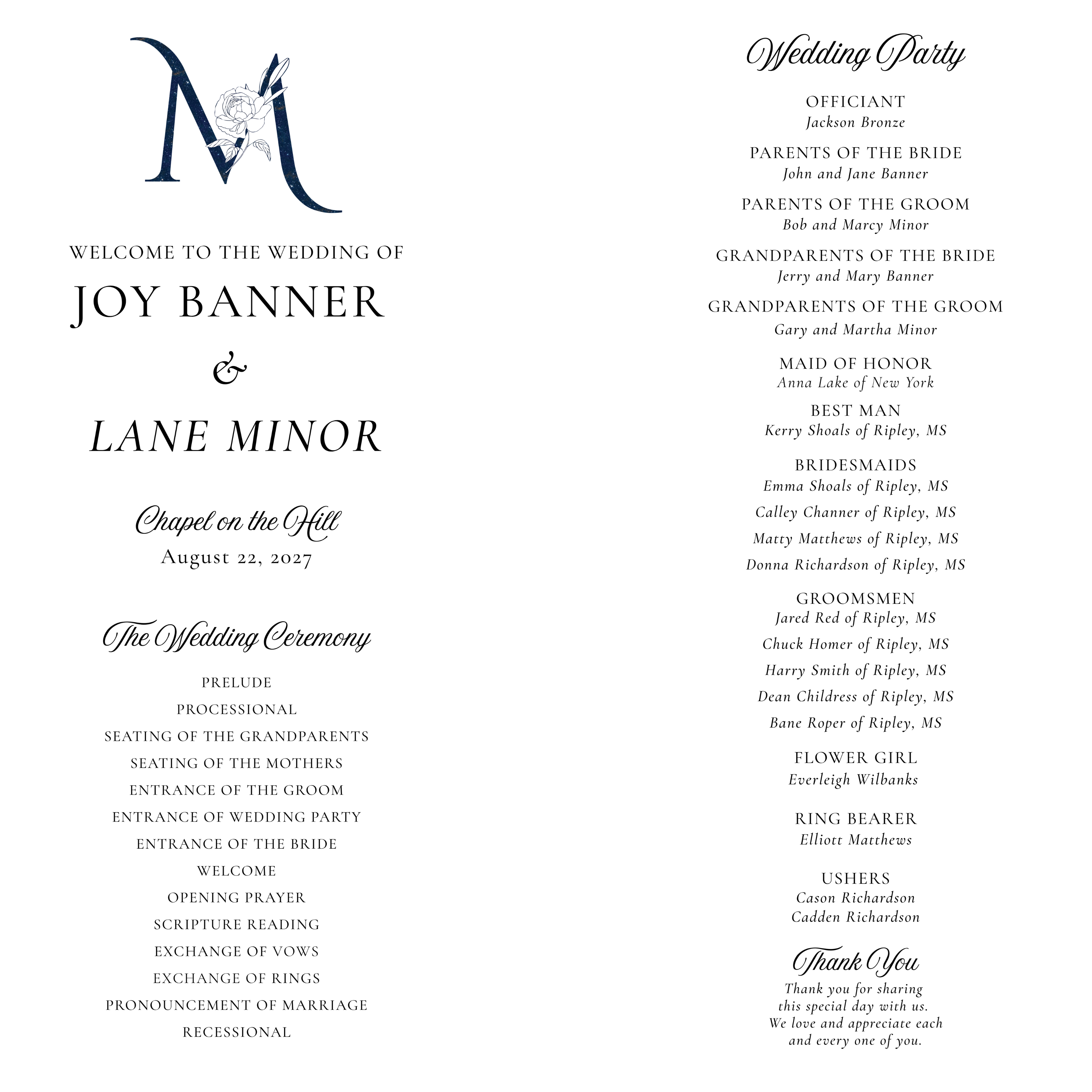 Editable Wedding Program Canva Template 4 1/4 x 11
