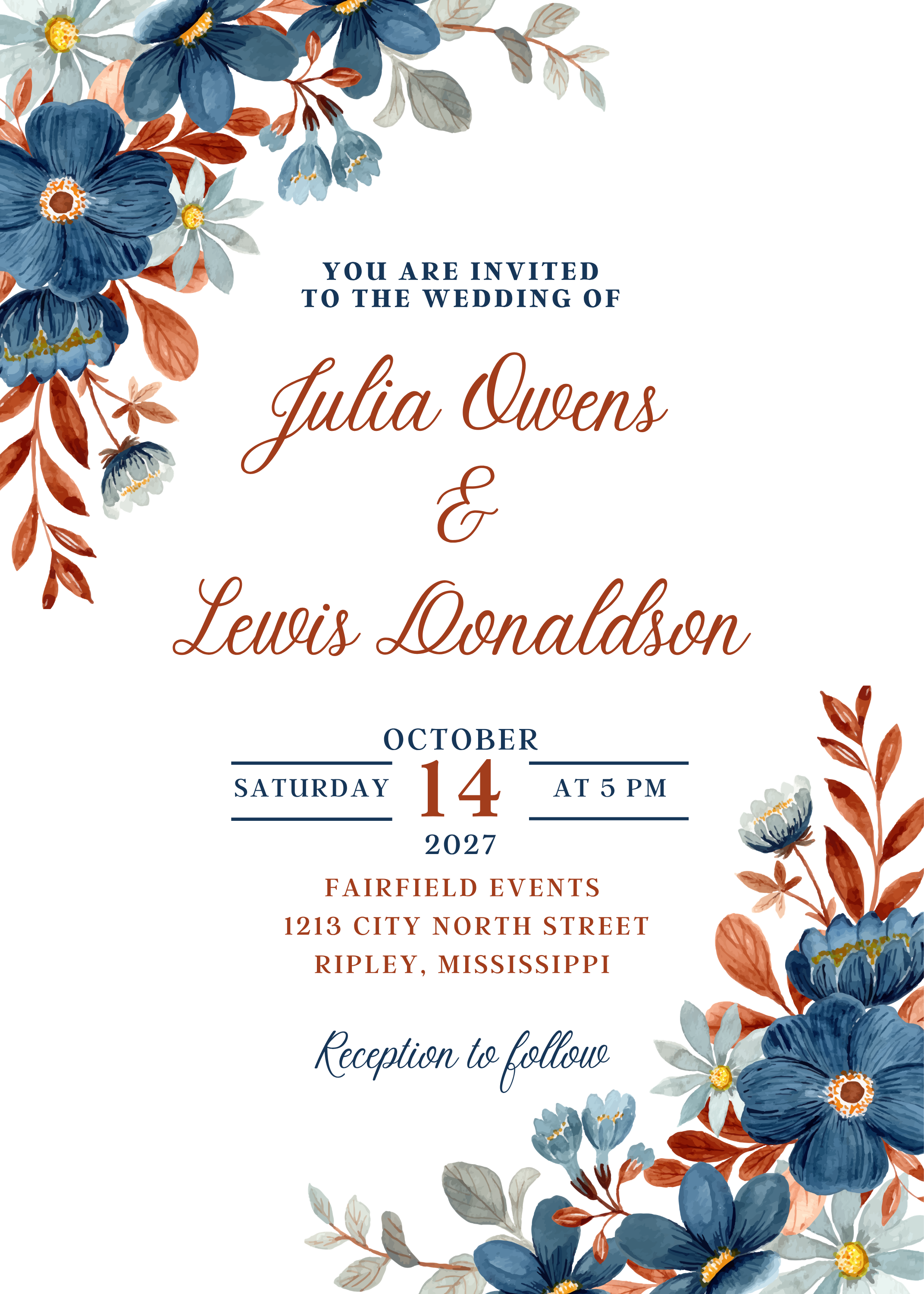 Editable Wedding Invitation Fall/Winter Floral Canva Template 5 x 7