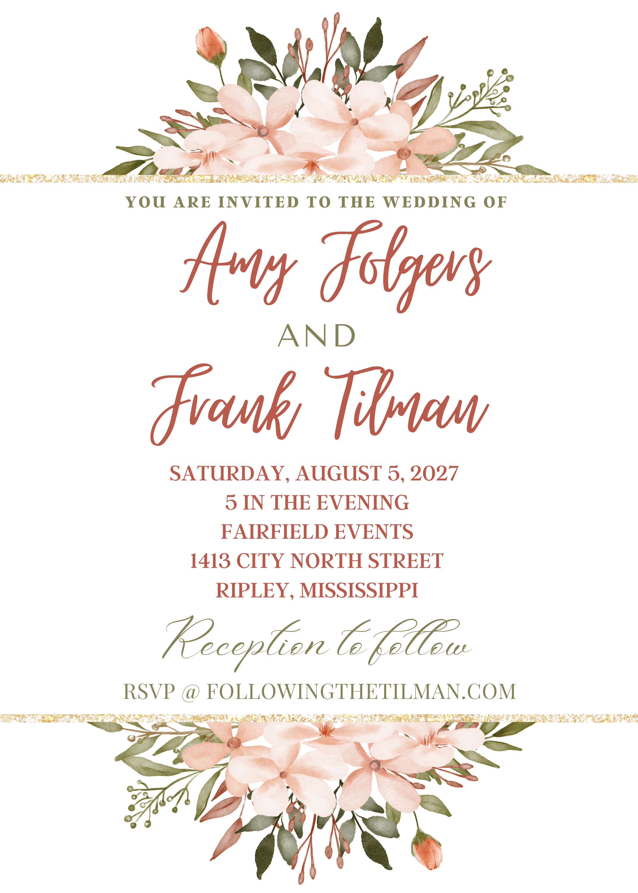 Editable Wedding Invitation Peach and Gold Floral Canva Template 5 x 7
