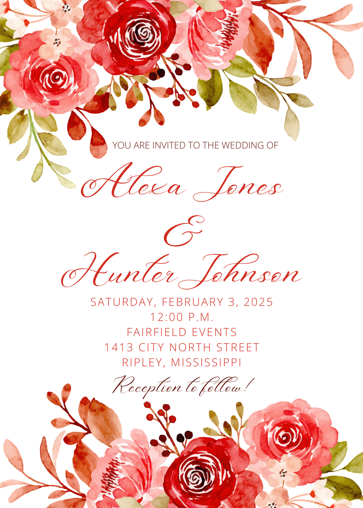 Editable Wedding Invitation Red Floral Canva Template 5 x 7