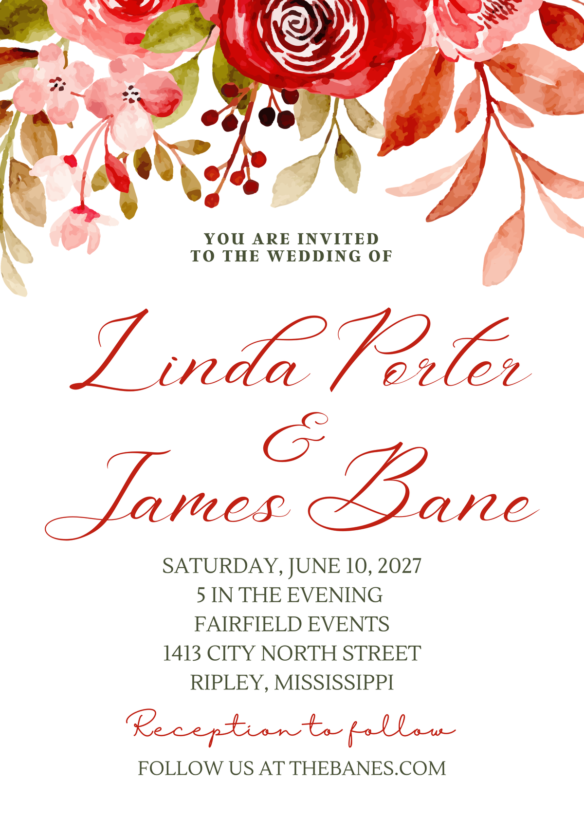 Editable Wedding Invitation Red Floral Canva Template 5 x 7