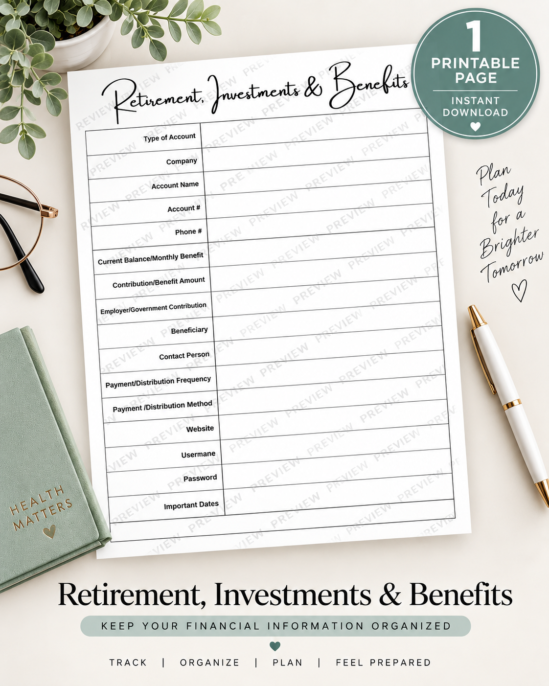 Retirement, Investments & Benefits Printable