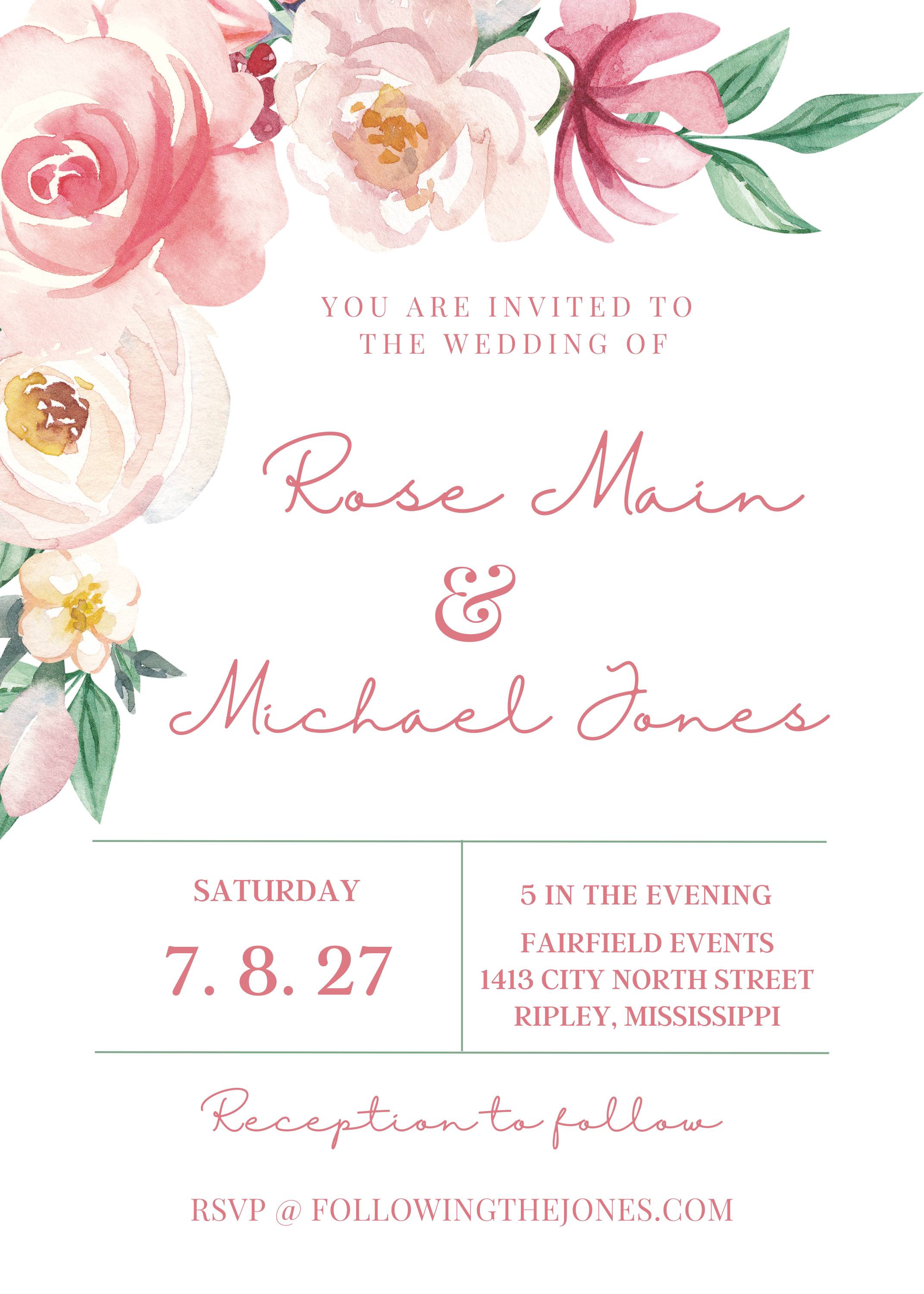 Editable Wedding Invitation Pink Floral Canva Template 5 x 7