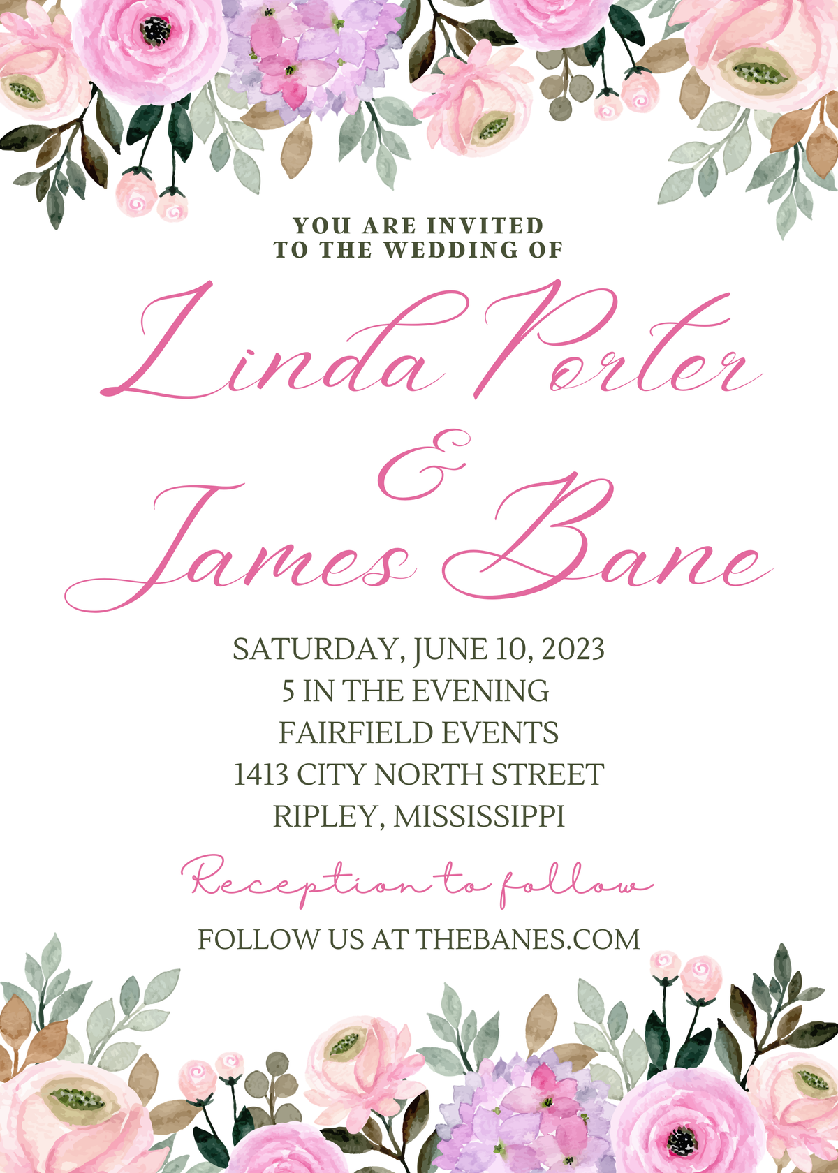 Editable Wedding Invitation Pink and Purple Floral Canva Template 5 x 7