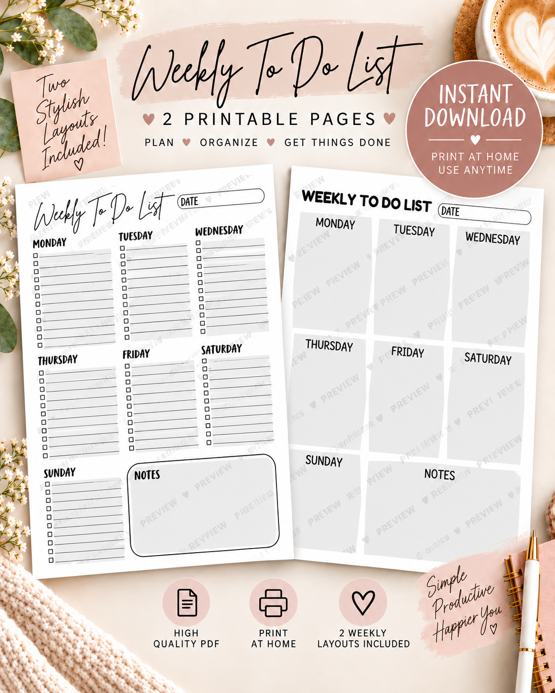 Weekly To Do List Printable – 2 Page Set