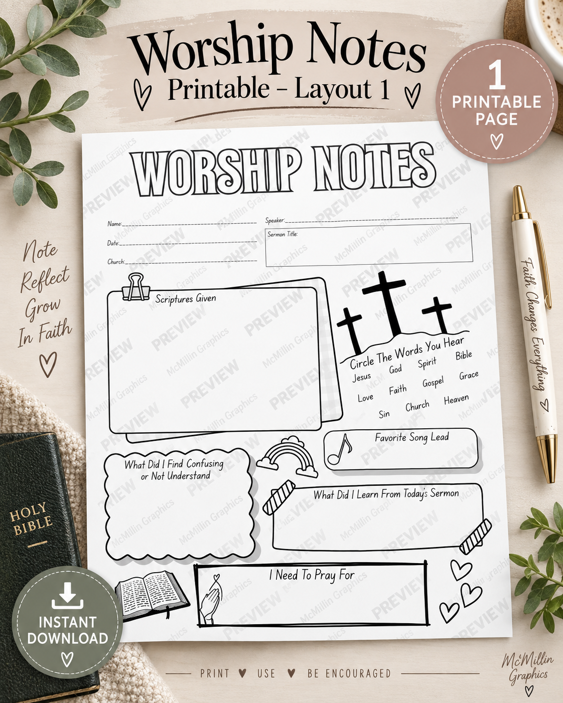 Worship Notes Printable - Design 1