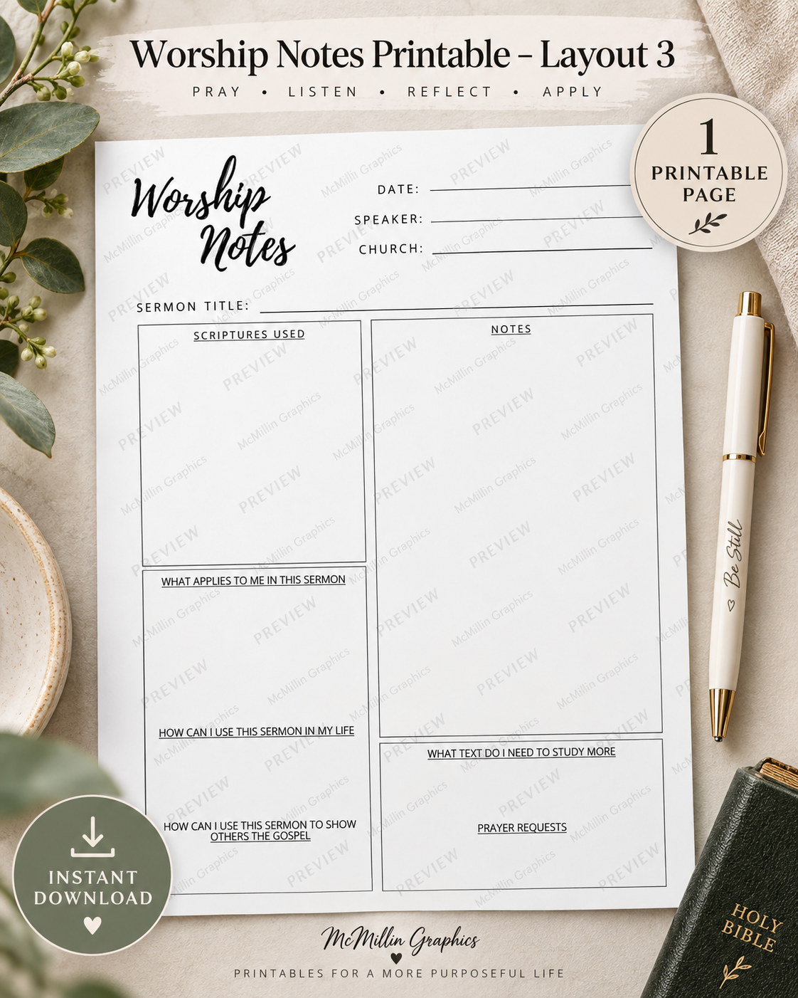 Worship Notes Printable - Design 3